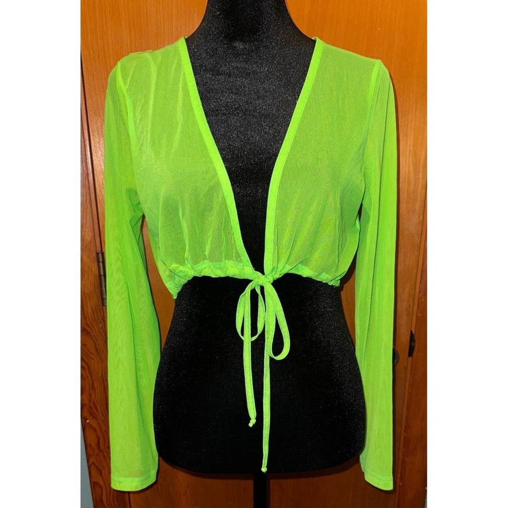 ASOS Neon Green Mesh Tie Front Long Sleeve Swim Cover Up Top Beach Size 10